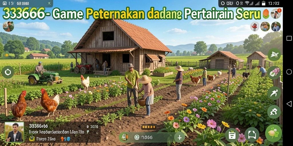 Screenshot gameplay <strong>333666</strong> menampilkan aktivitas berkebun dan peternakan yang seru.