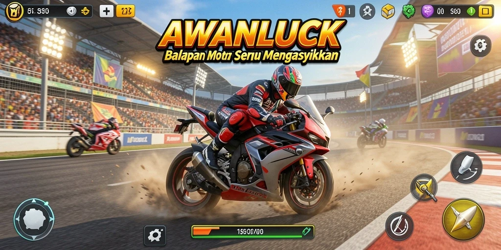 Tangkapan layar dari gameplay AWANLUCK yang menampilkan balapan motor yang seru.