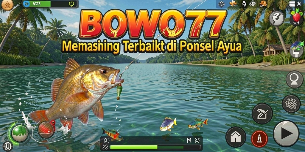 Tampilan gameplay BOWO77 dengan karakter sedang memancing di danau.