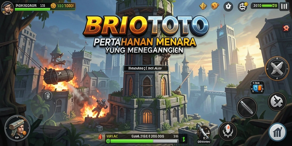 Tangkapan layar gameplay BRIOTOTO menampilkan menara berjuang melawan gelombang musuh.