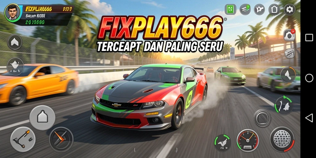 Tangkapan layar menunjukkan balapan mendebarkan di FIXPLAY666 dengan mobil cepat dan trek berliku.