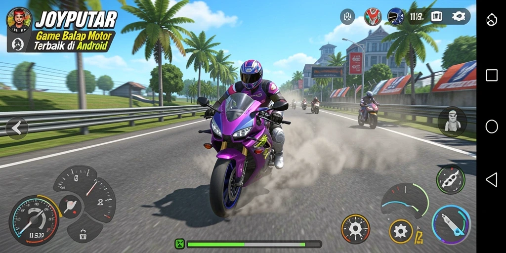 Tangkapan layar JOYPUTAR menampilkan aksi balap motor yang mendebarkan di trek.