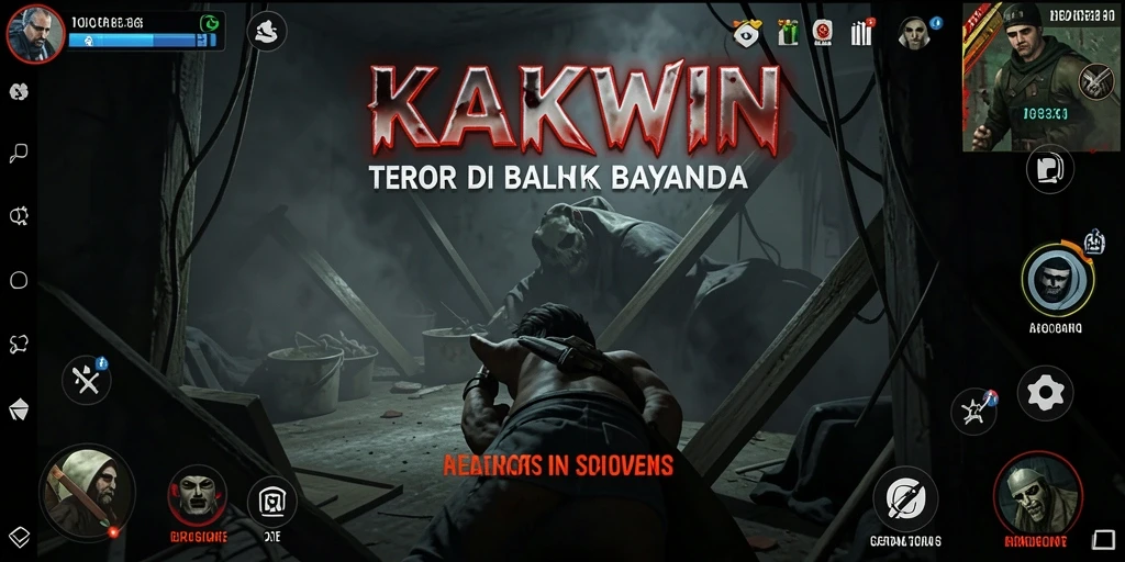 Screenshot KAKWIN menampilkan momen mencekam dalam gameplay dengan karakter menyeramkan.