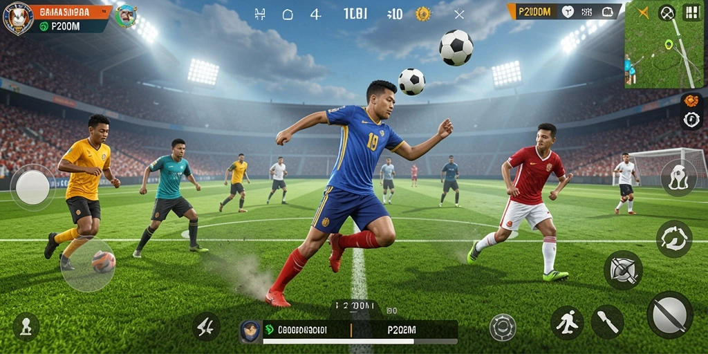 Screenshot utama P200M menampilkan aksi seru dalam permainan olahraga.