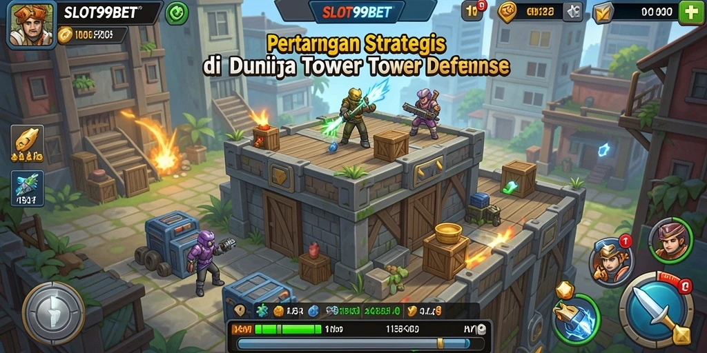 Screenshot utama SLOT99BET yang menampilkan serangan menara dalam gameplay Tower Defense.